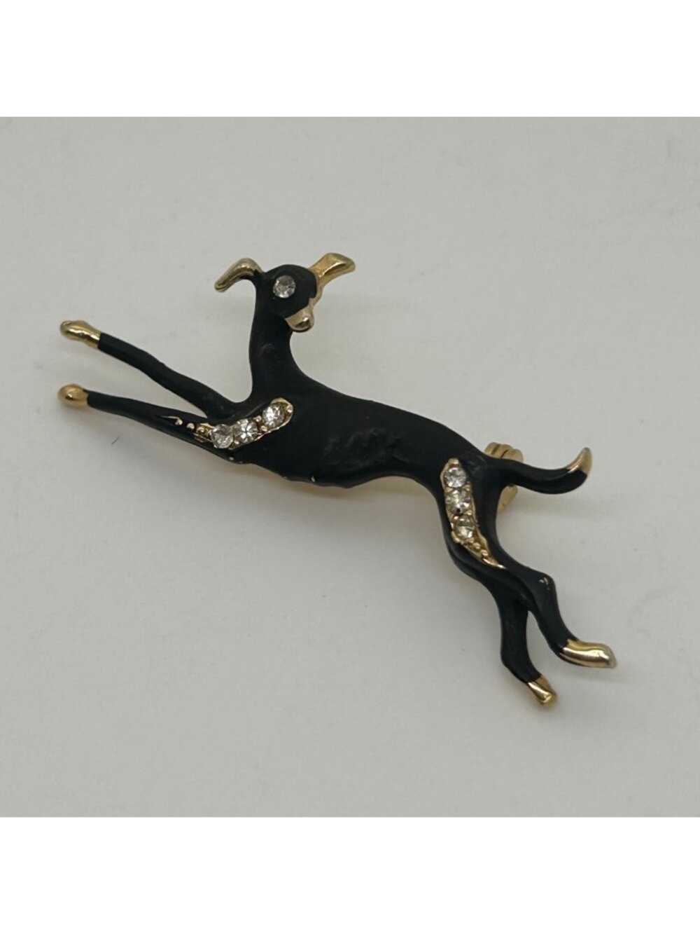 Greyhound Whippet Brooch Black Enamel Rhinestone Running Dog Pin Vintage